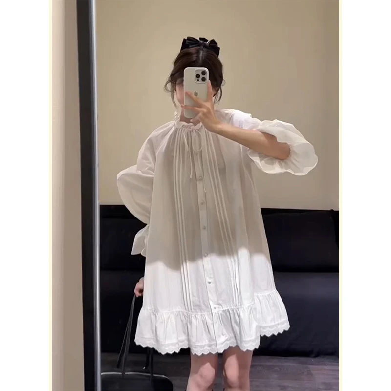 大方得体绝美法式小香风宽松白色蕾丝花边领长袖衬衫连衣裙女秋季