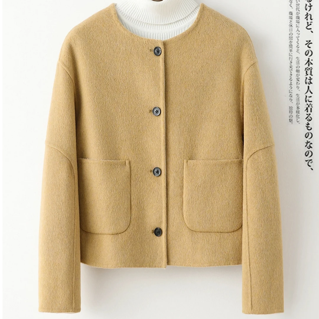 8822#冬季撞色大衣拼接大袖气质保暖冬季毛呢外套短外套短款