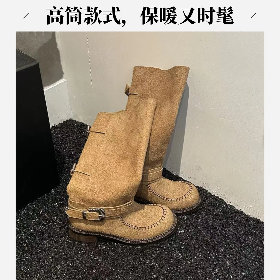 女鞋泰晤士秋季新款英伦风长筒靴粗跟百搭皮带扣手作直筒靴4cm
