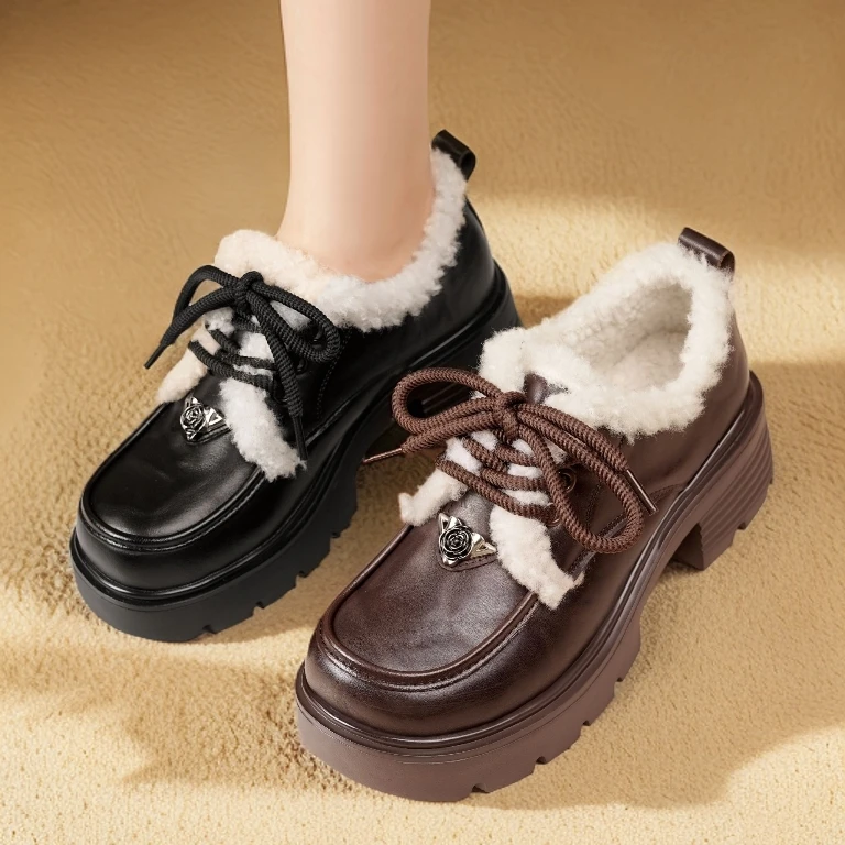 头层牛皮真皮厚底乐福鞋2025新款女鞋秋冬加绒保暖棉鞋轻便小皮鞋