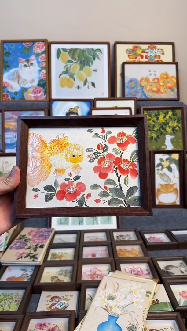 木双层款山茶金鱼8寸带框