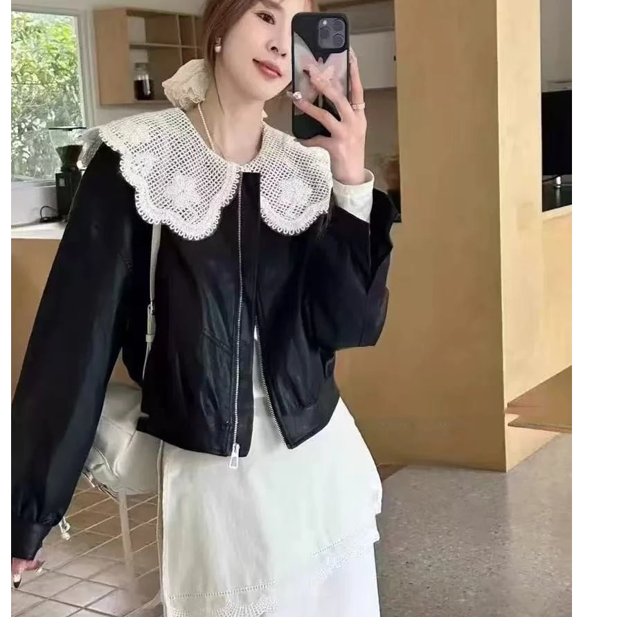 蕾丝拼接双层娃娃领短款外套女装春季新款皮衣柔软蛋白皮5609