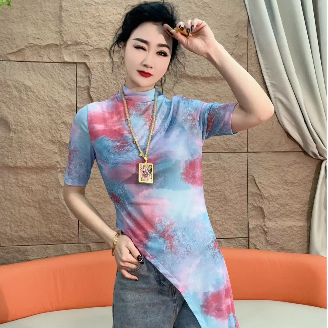 786（安言服饰）不规则法式晕染网纱设计百搭显瘦T恤2025夏季新款