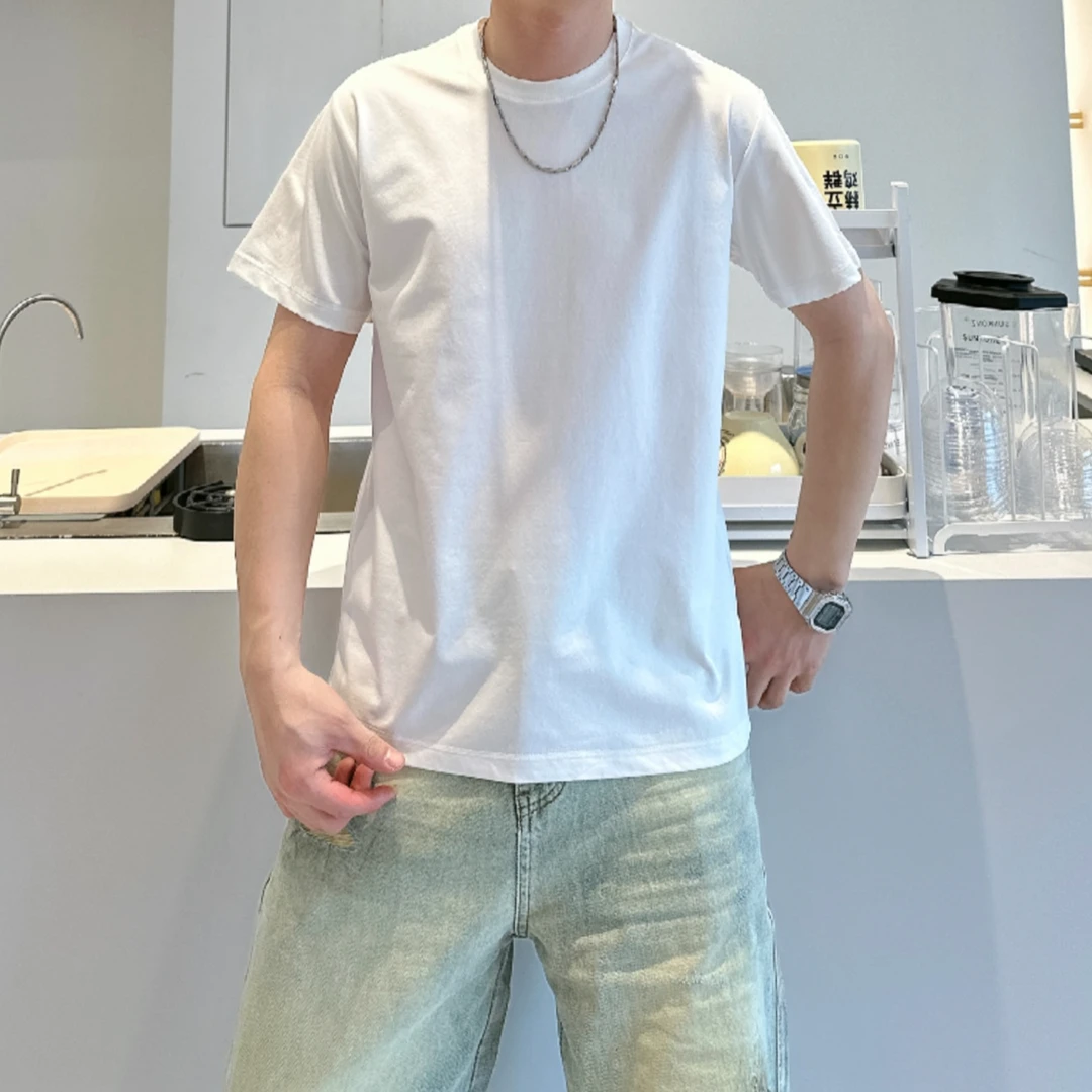 男士短袖白色T恤男款夏季潮流简约休闲纯色修身圆领半袖简约圆领