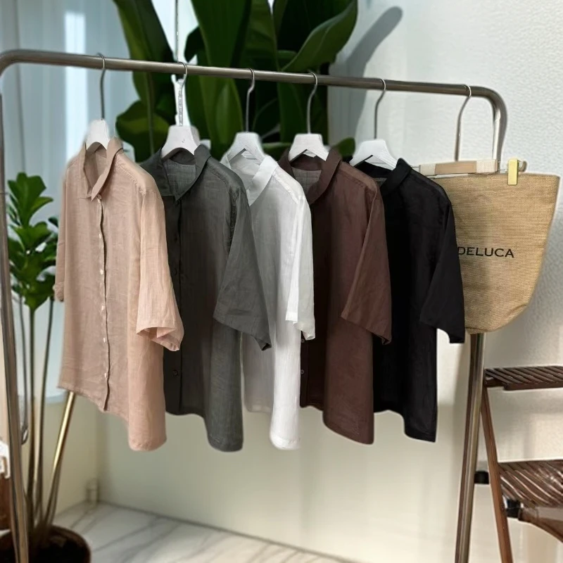 25夏季薄款高端短袖衬衫日系百搭休闲显瘦简约翻领麻短袖25062504