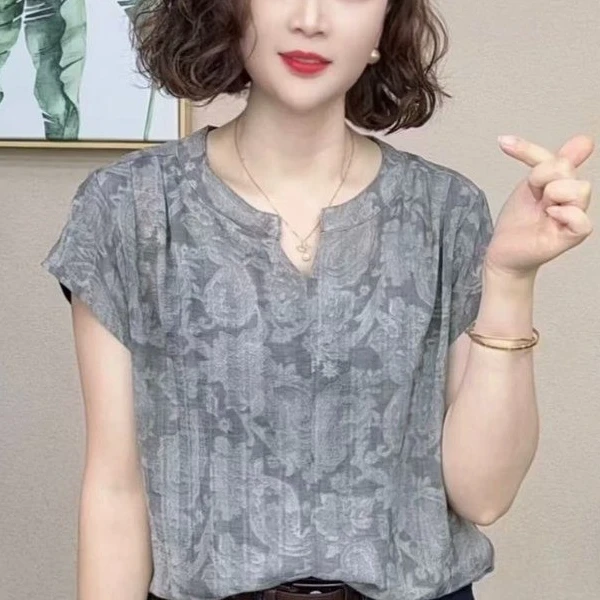 新品夏季时尚V领短袖T恤宽松遮肉显瘦妈妈装洋气百搭天丝棉麻小衫