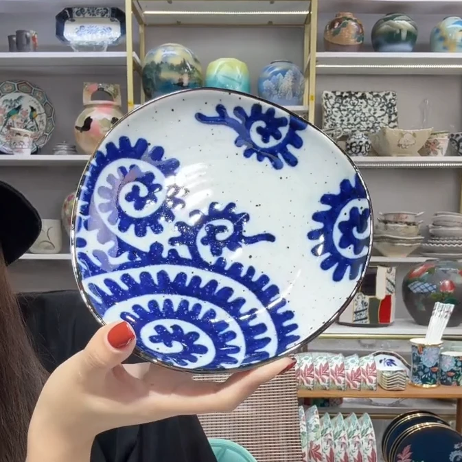 清货木【2支】日本进口美浓烧波轮唐草三角盘16.5cm
