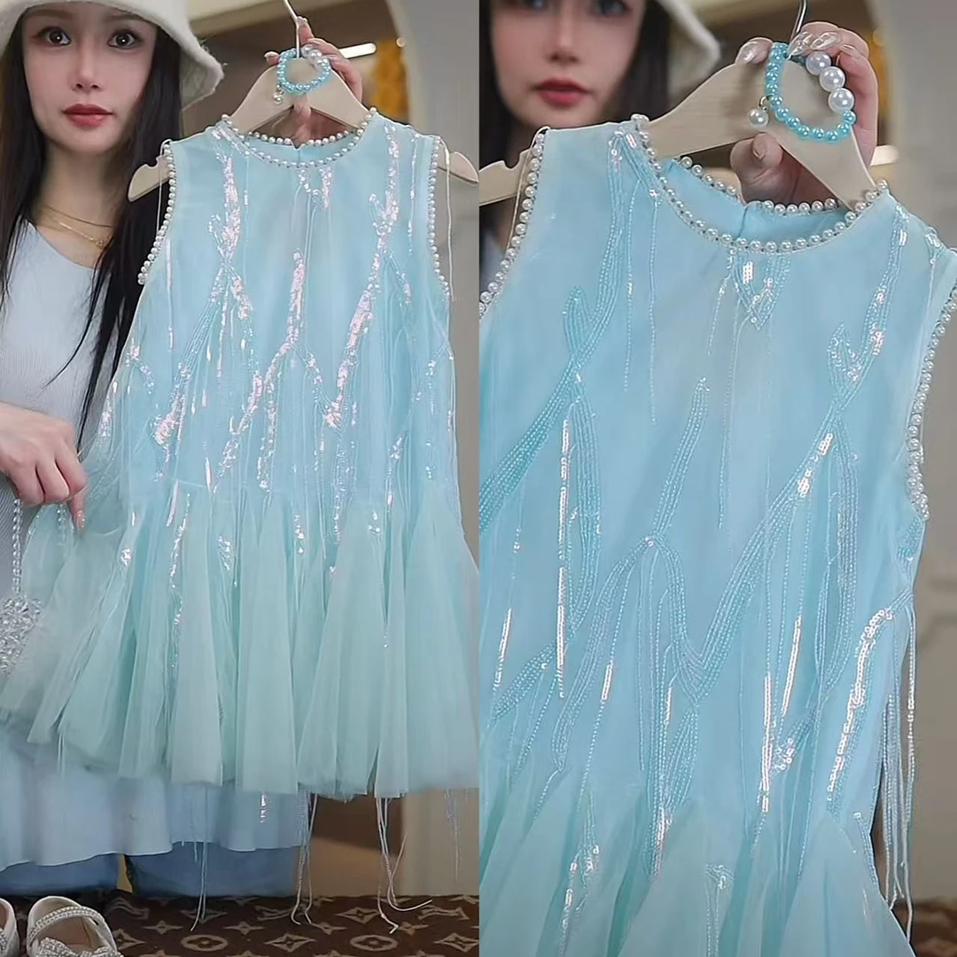 AYJ250178女童韩版夏季蓝色公主礼服连衣裙