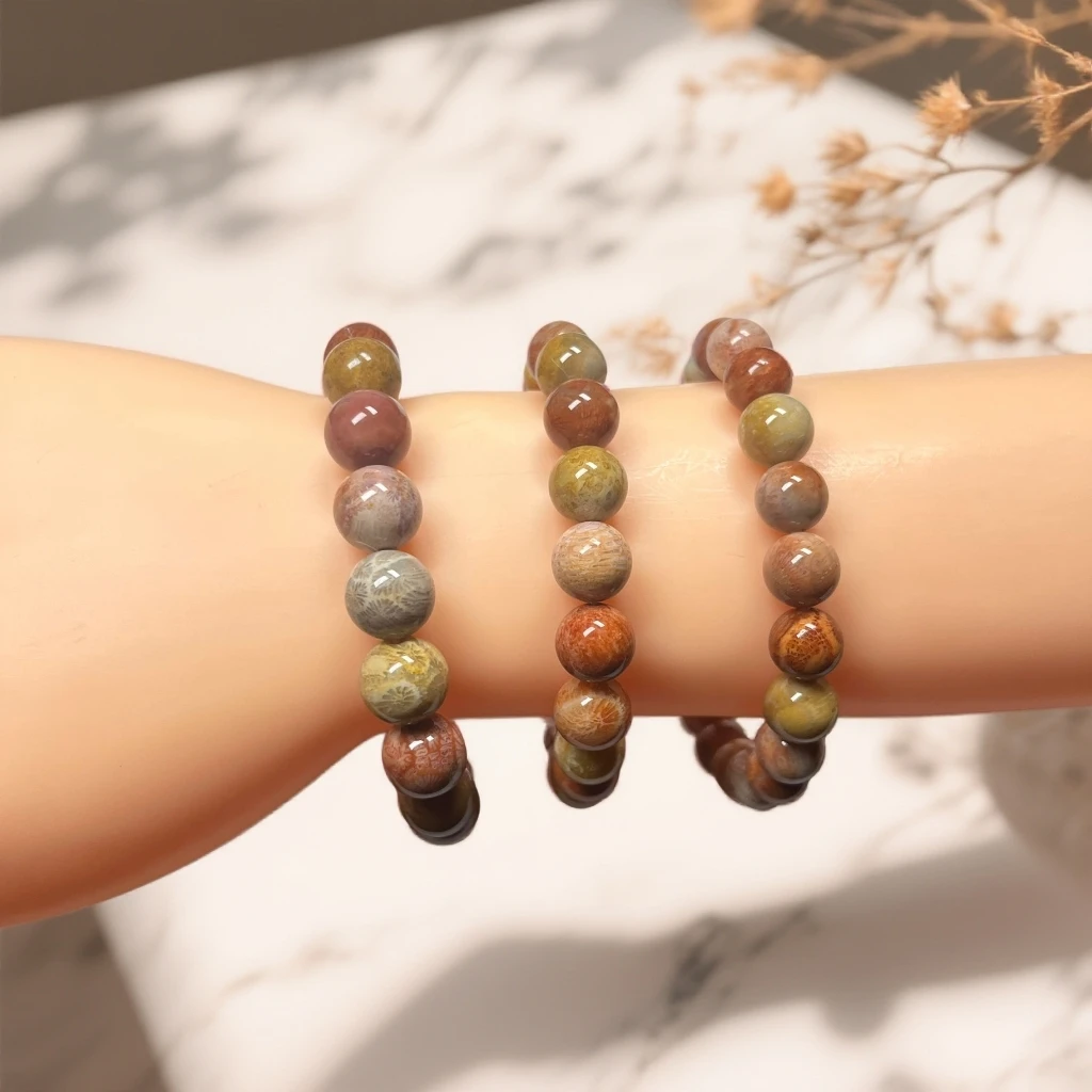 天然正品珊瑚玉菊花石圆珠单圈手串时尚百搭女款菊花石手链