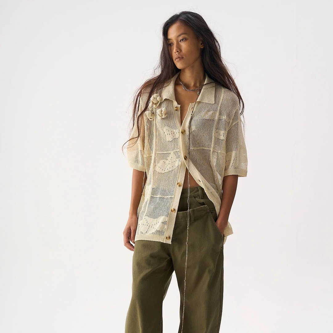 SHELLE ARTISTE钩花宽松polo领毛衣