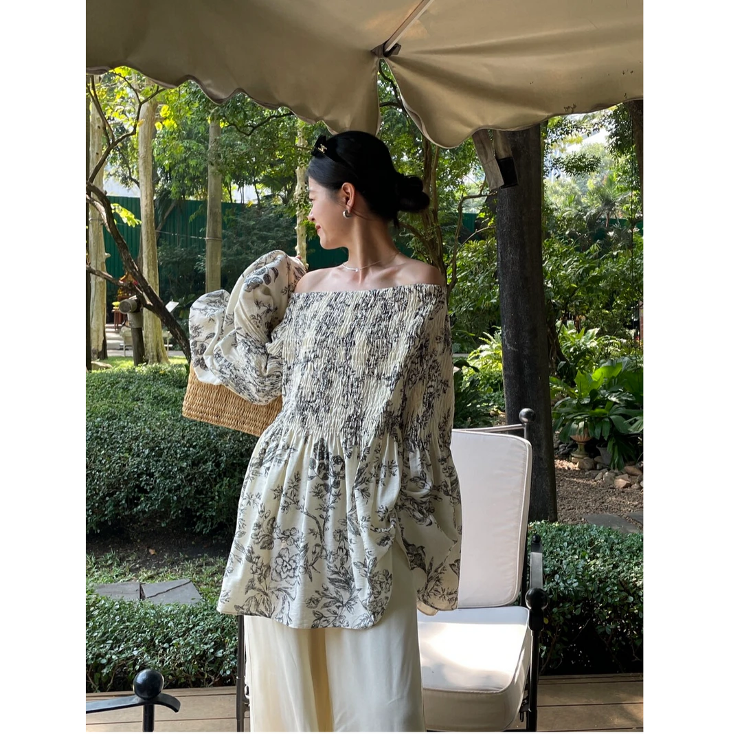 JIAHUI 法式气质一字肩小衫上衣套装女夏季休闲慵懒休闲裤两件套