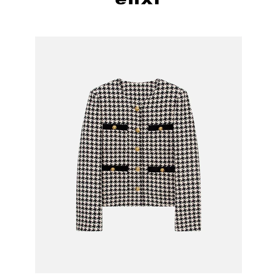 【恩熙】秋冬新款羊毛混纺小香风千鸟格短款外套KF1003123