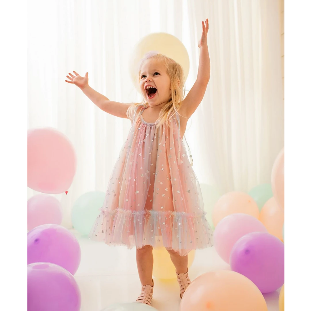 jannybb彩虹星河25ss上新彩虹烫银星星女童夏季洋气儿童连衣裙