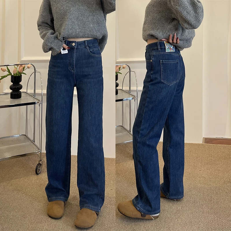 复古高腰窄版牛仔裤女2025春季大码胖妹妹腿粗弹力显瘦直筒阔腿裤