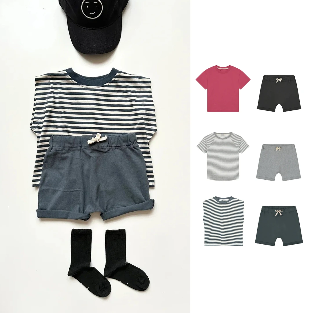 北欧童装2025夏季新款宝宝纯色短袖短裤套装儿童休闲条纹背心