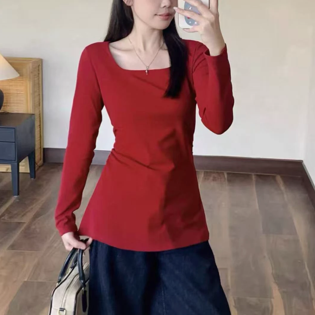 婷婷家简约正肩方领长袖磨毛女装秋冬2025新款遮肚显瘦上衣