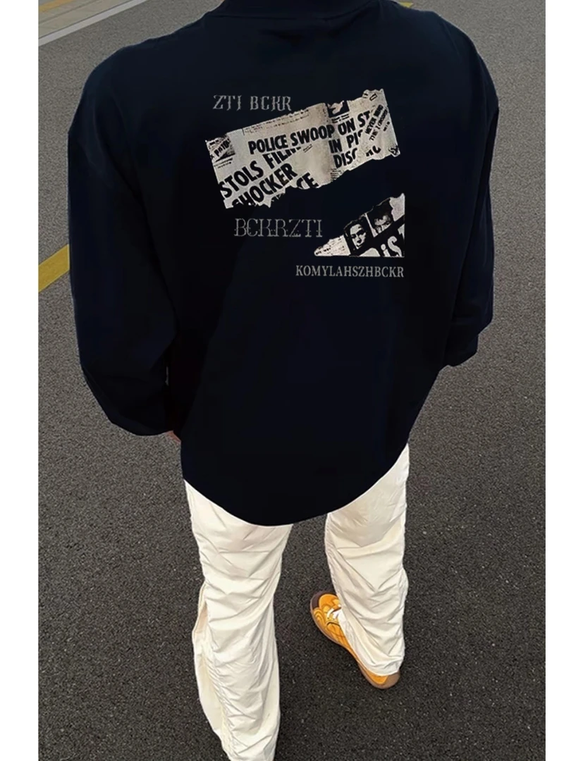 美式高街字母印花秋季重磅圆领T恤男ins潮牌设计感长袖宽松打底衫