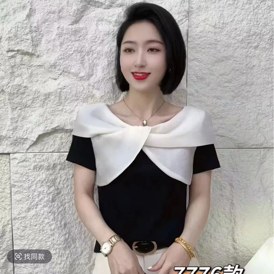 2025新品法式交叉领洋气t恤显瘦短袖