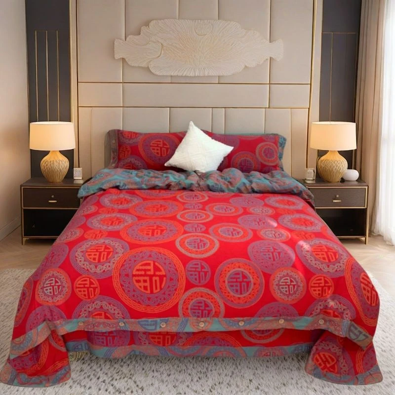 【福星高照-红】四件套色织双层纱A类母婴级加厚婚庆轻奢四季款