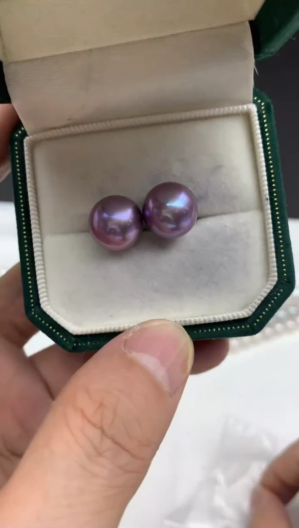 铂Pt950镶嵌ff淡水珍珠紫珠耳饰11~12mm
