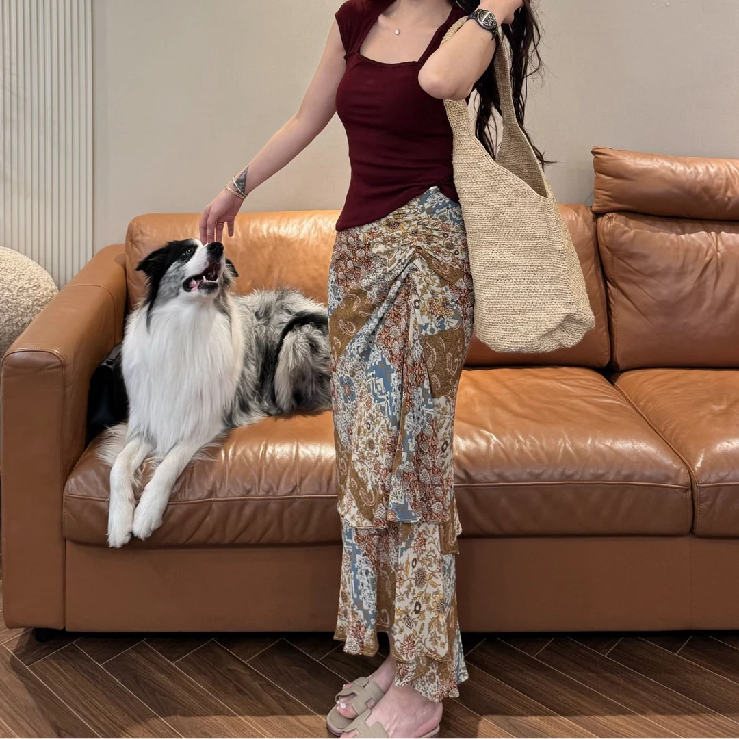 F13 法式复古印花波西米亚风百搭显瘦长裙 EF1305