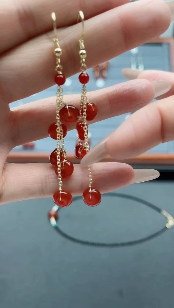 【闪购商品】南红玛瑙耳饰银S925镀金镶嵌1算盘珠红