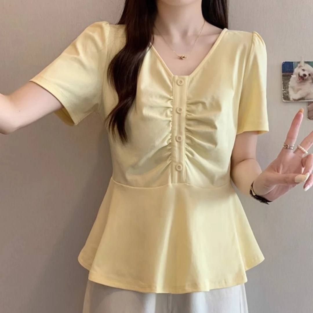 超好看荷叶边遮肚子上衣2025夏大码胖mm显瘦气质V领正肩短袖T恤女