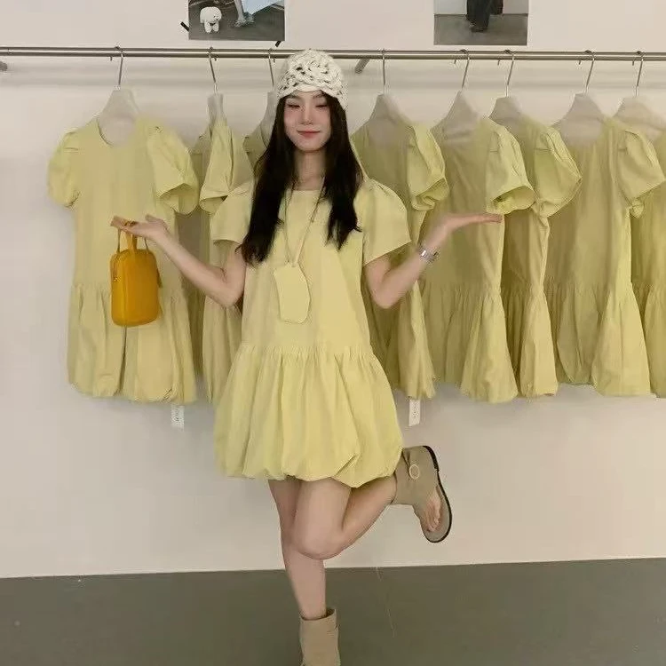 婷婷家韩系圆领泡泡袖连衣裙女花苞裙2025夏季新款宽松