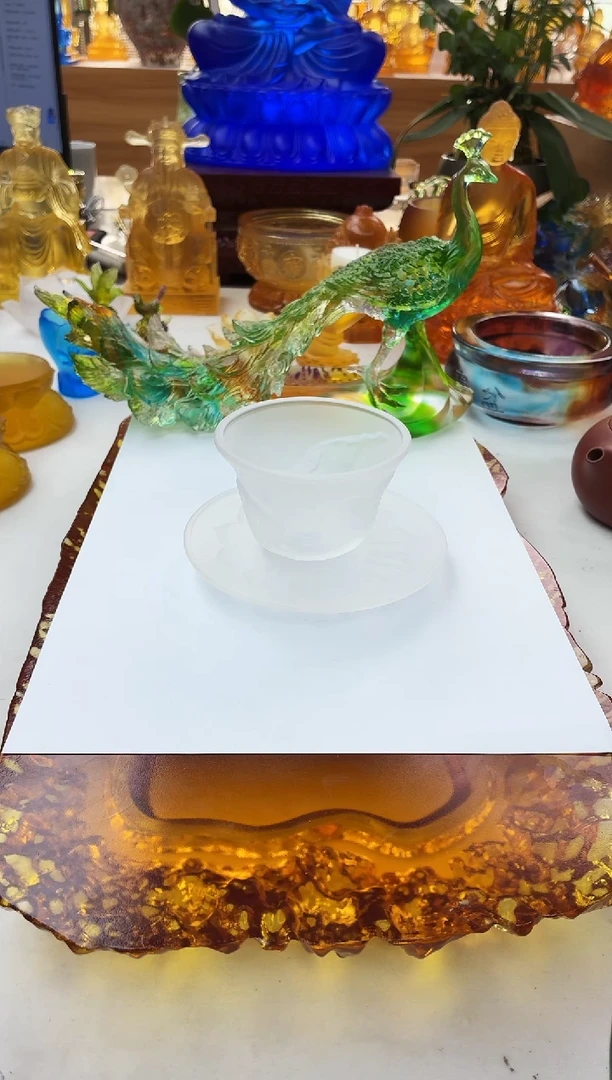手工艺品琉璃荷叶茶杯+莲花杯蝶套装
