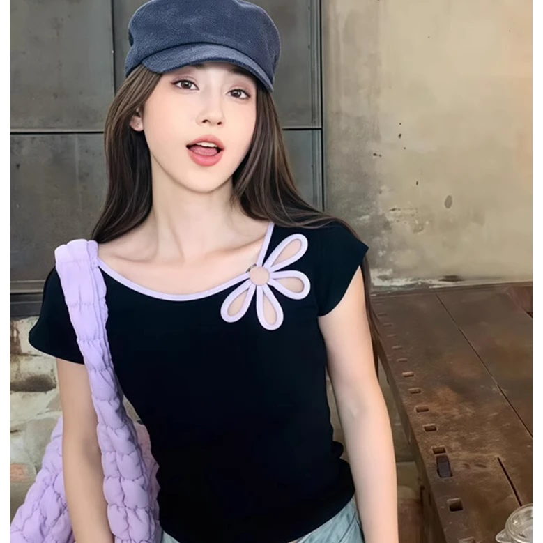 黑色镂空花朵设计感小众短袖t恤女夏季甜辣修身短款正肩气质上衣
