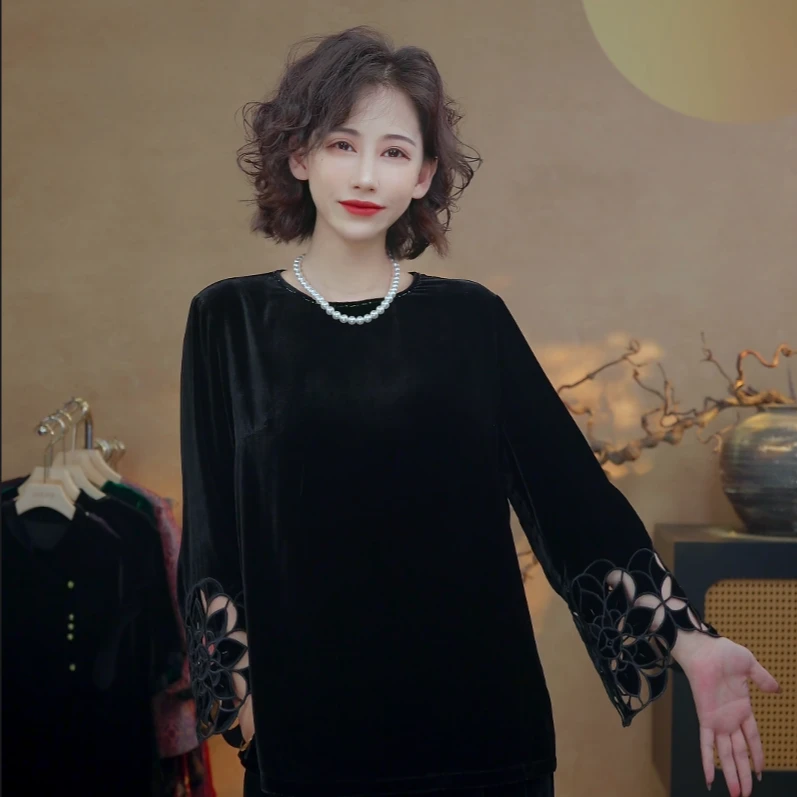 100%桑蚕丝真丝丝绒高级定制礼服镂空刺绣雕花宽松上衣洋气C192