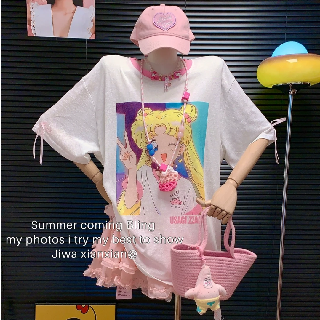 【纯熙+】18512夏季新款水印月月女孩T恤短袖上衣女韩版宽松微透