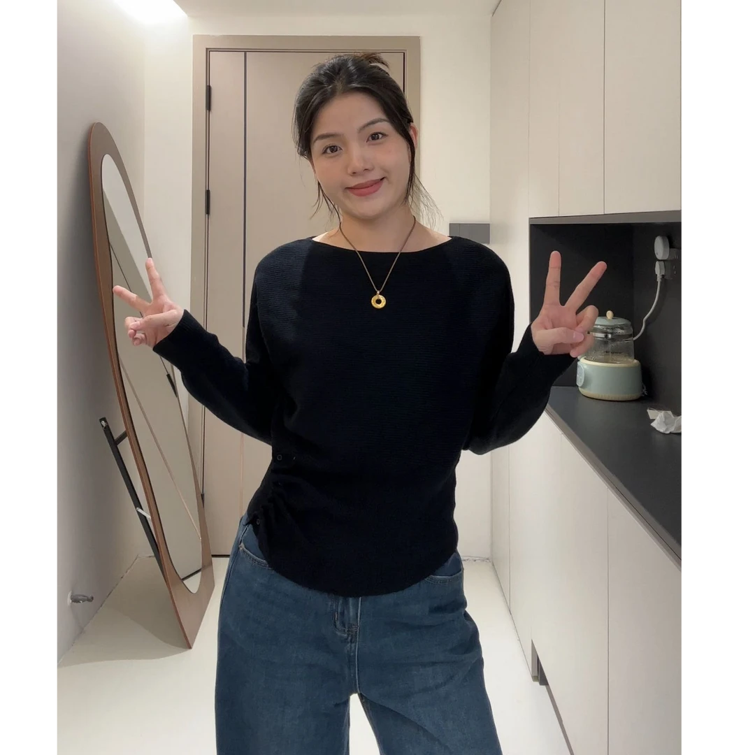 「小蛮腰」简约收腰显瘦抽褶斜肩针织衫（穿到130斤衣长57胸围104