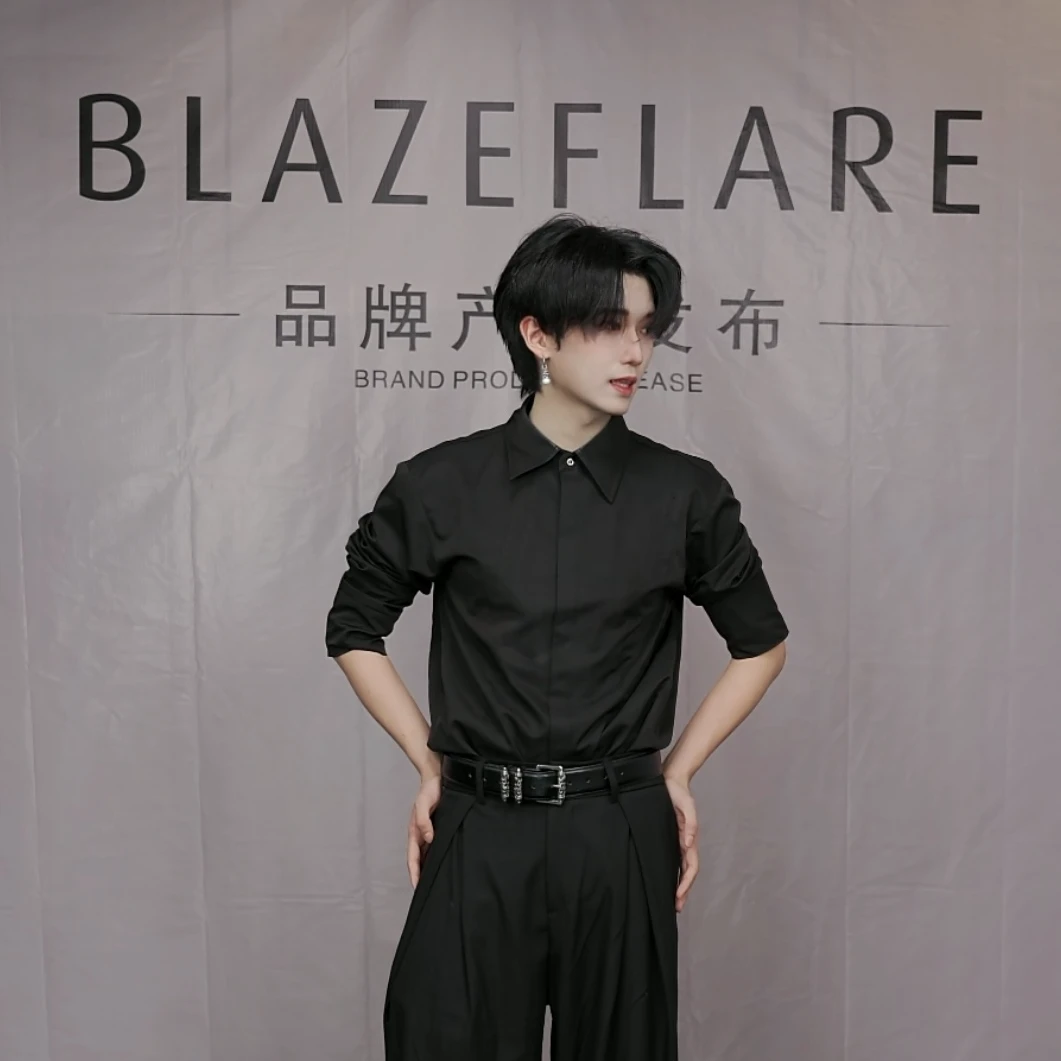 【BLAZEFLARE】美式长袖衬衫黑秋冬设计感衬衣男宽松百搭时尚小众