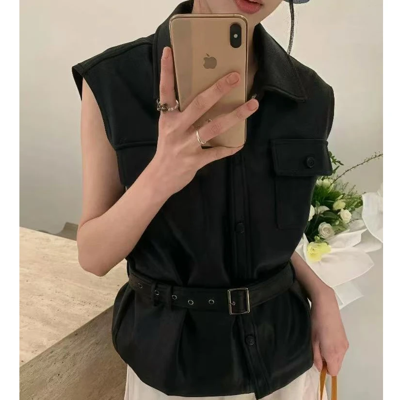 【锦衣服饰】WZ 8232欧货翻领系带无袖皮马甲
