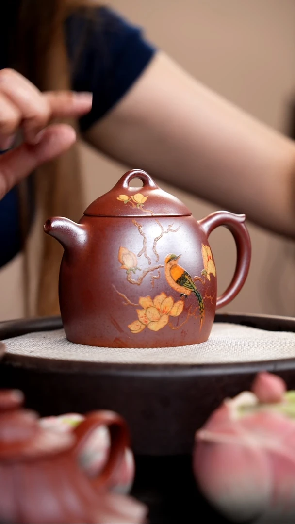 茶壶紫砂柴烧胭脂红秦权泥绘花鸟