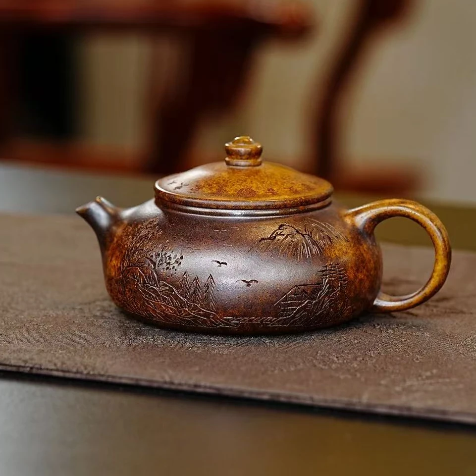 宜兴茶具 火云烧手工刻绘远山刻字紫气东来寒江紫砂壶