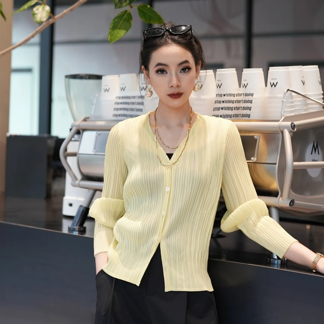 POPULARYW【缇湘】Z·R上品屋 极简静奢风三宅褶皱V领显瘦衬衫