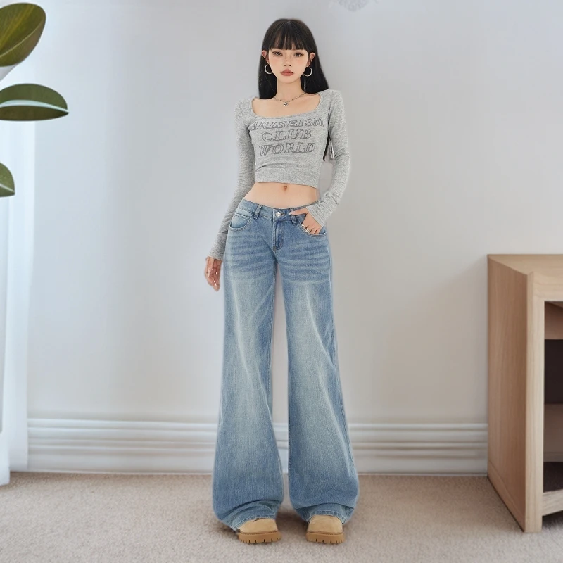 秋季低腰宽松直筒女牛仔裤2025秋新款复古显瘦弹力拖地阔腿裤有免