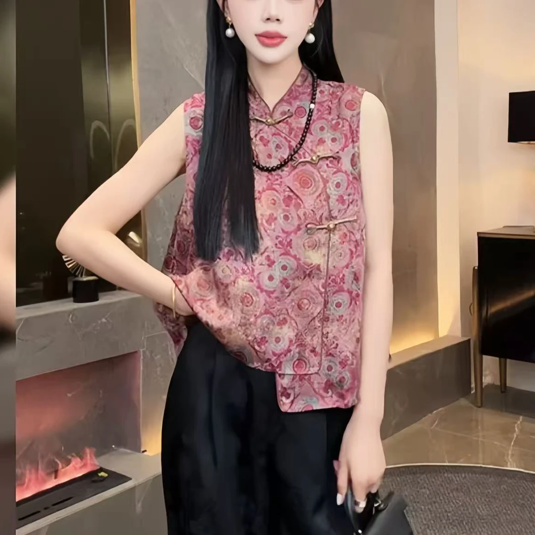 夏季新款新中式烟柳画桥提花马甲R时尚复古百搭无袖国风女士上衣