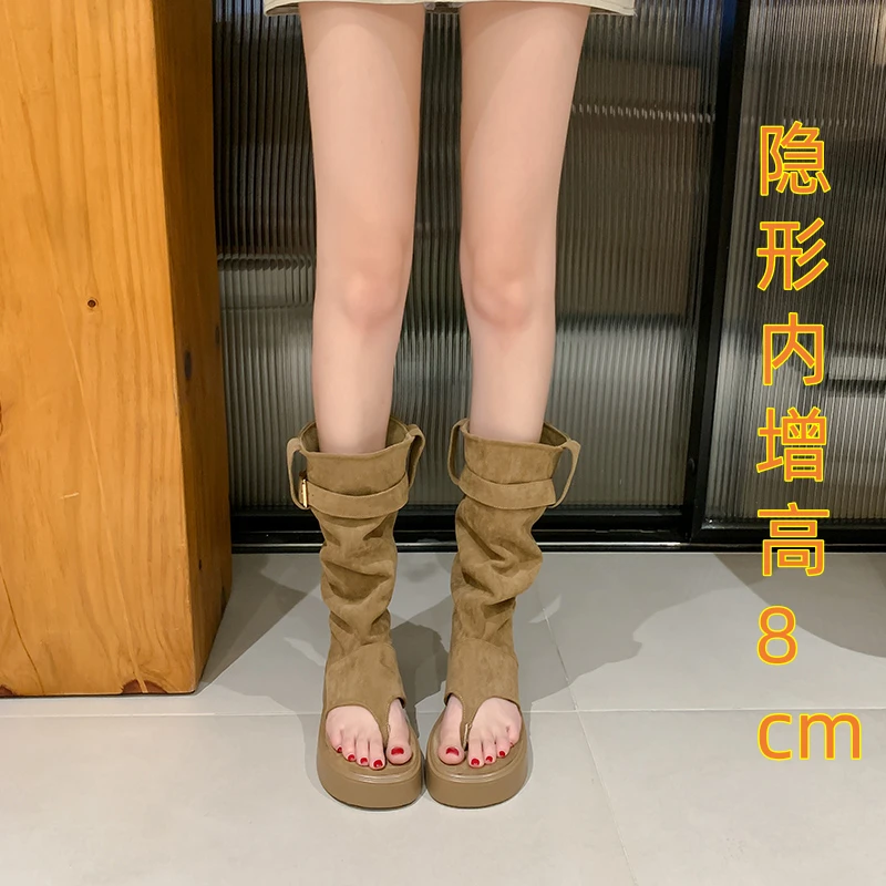 8cm厚底内增高裤管凉靴新款小个子33软底夹趾凉鞋西部牛仔堆堆靴
