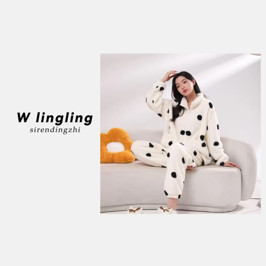 波点冬季保暖纯欲加厚睡衣家居服套装