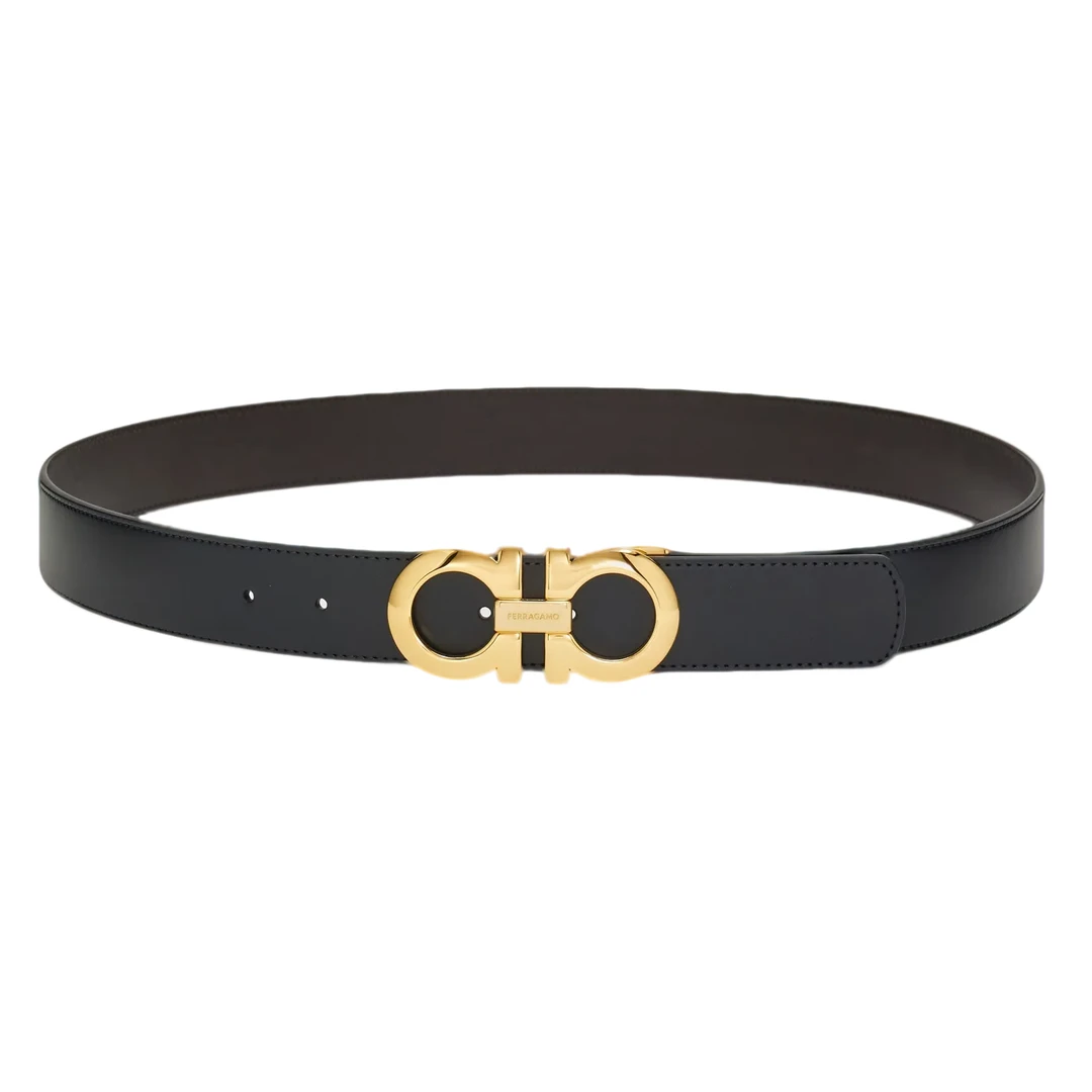99新 FERRAGAMO/菲拉格慕 金标黑棕光面腰带 3.5CM宽  时尚百搭