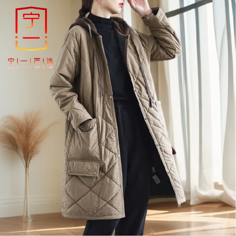 【宁一女装】时尚显瘦菱形格棉衣外套女宽松大码休闲夹棉中长款上衣