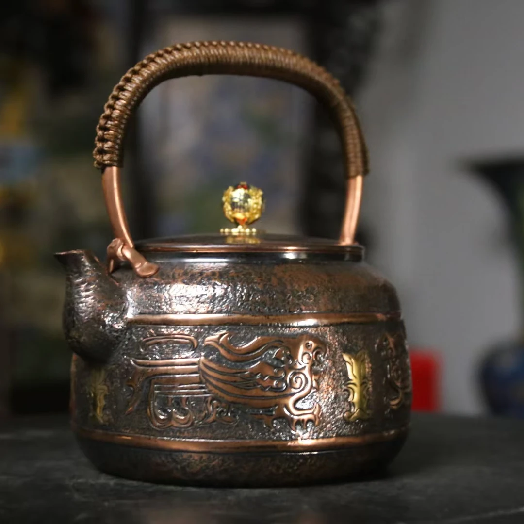 1500ML容量纯手工鎏金錾刻玄鸟图紫铜烧水壶