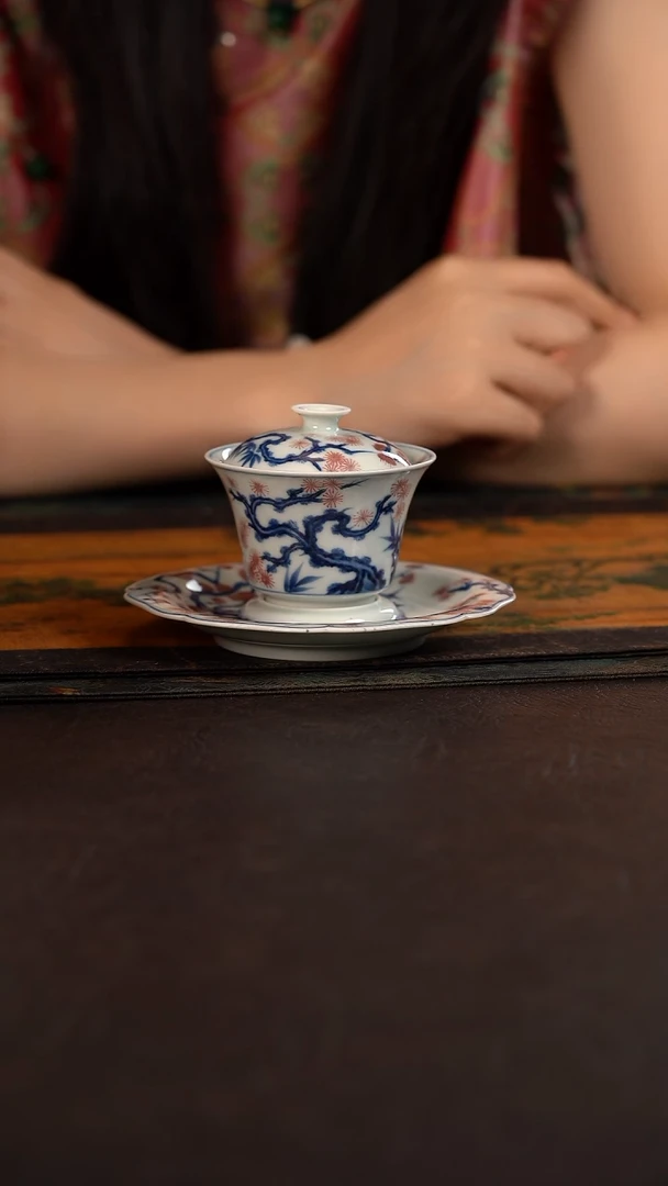 子润窑青红松竹梅三才盖碗