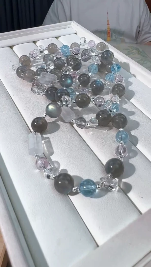 手链银S925镶嵌长石灰月托帕蓝针桶珠款发货多样性发其一