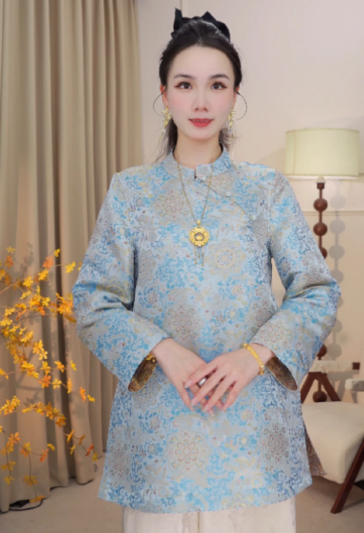 【蓝蝶】新中式双面立领国风时尚长袖奥黛2025C3167—婷婷杭锦仓