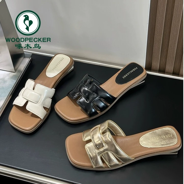 啄木鸟编织一字拖鞋女2025夏季新款法式拖鞋外穿平底凉拖休闲百搭