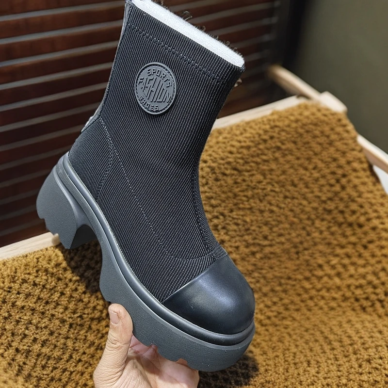 时尚短靴温州正版短靴厚底飞织圆头弹力透气高帮百搭休闲黑色